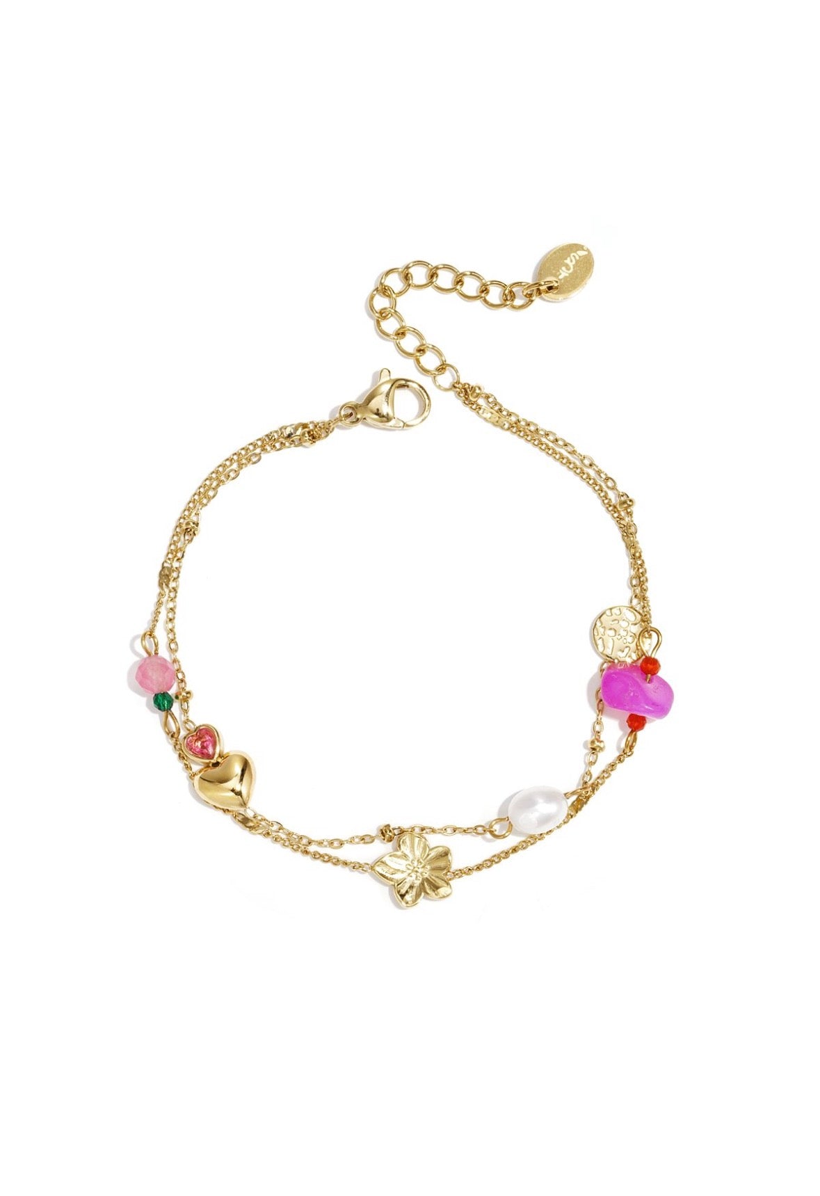 Bedelarmband met hart, bloem en parel