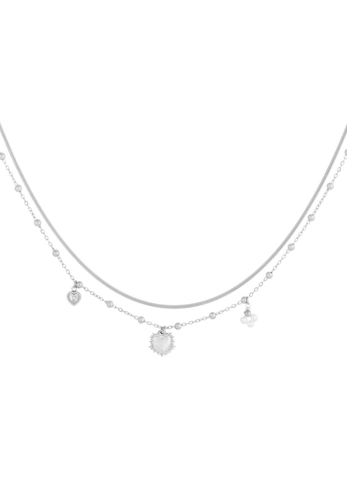 Dubbele ketting met hart bedel zilver
