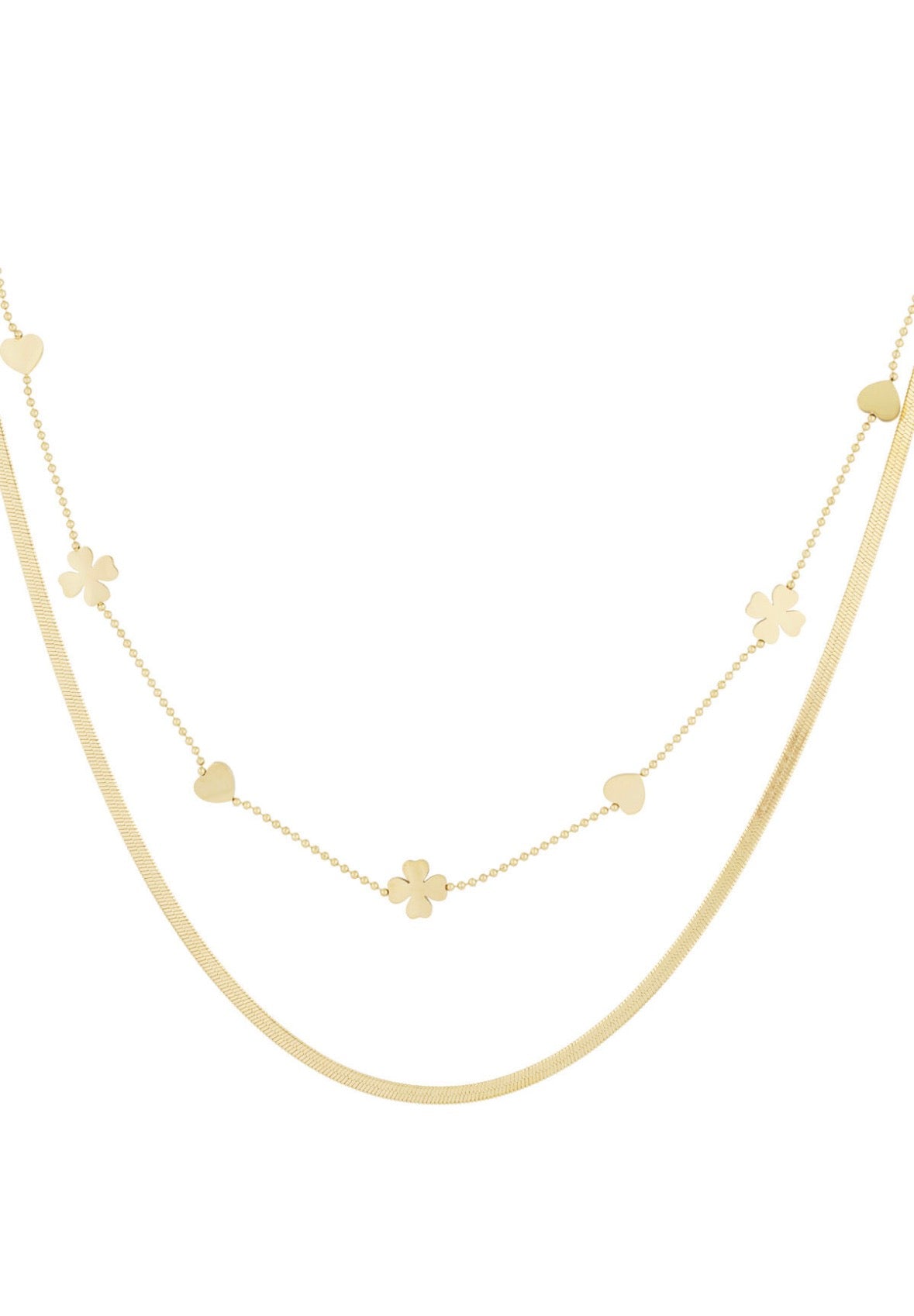 Dubbele ketting met klavers en hartjes goud