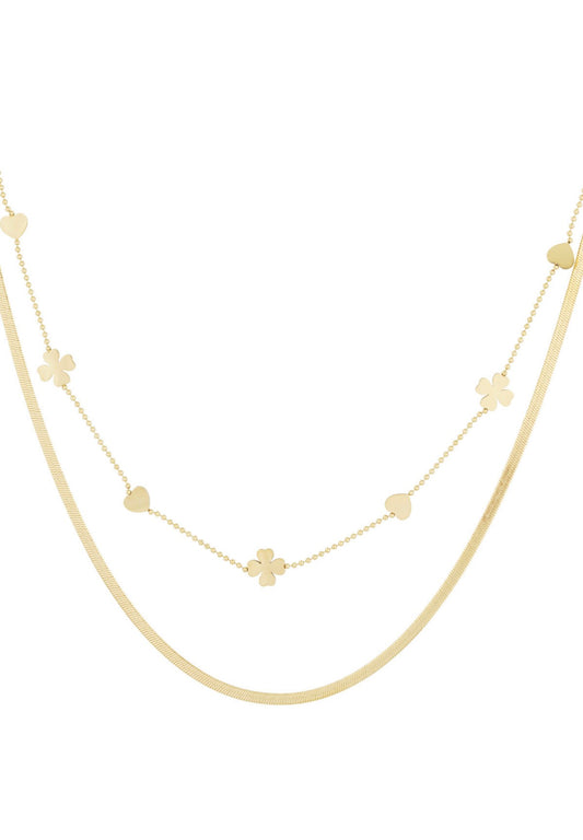 Dubbele ketting met klavers en hartjes goud