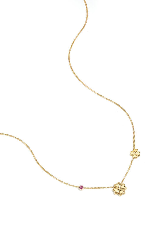 Ketting met gekleurd steentje en klavertjes goud