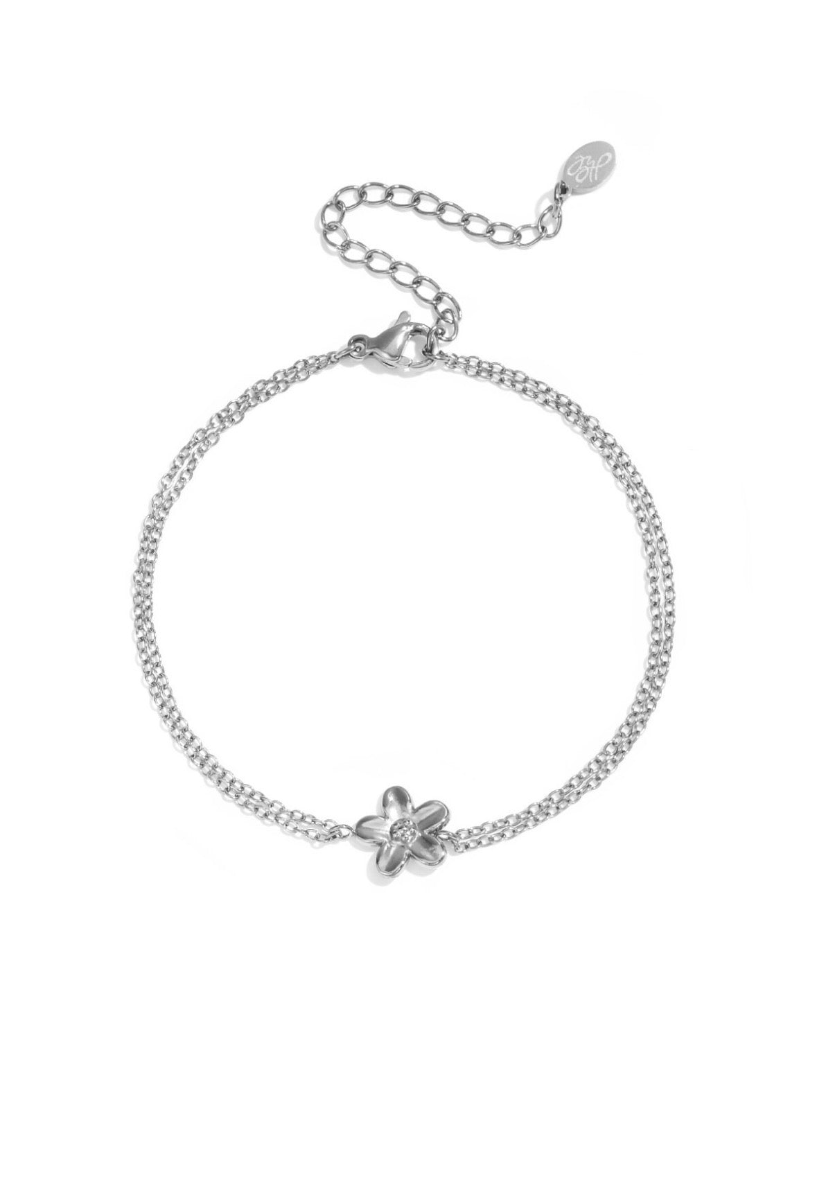 Dubbele ketting armband met bloemetje zilver