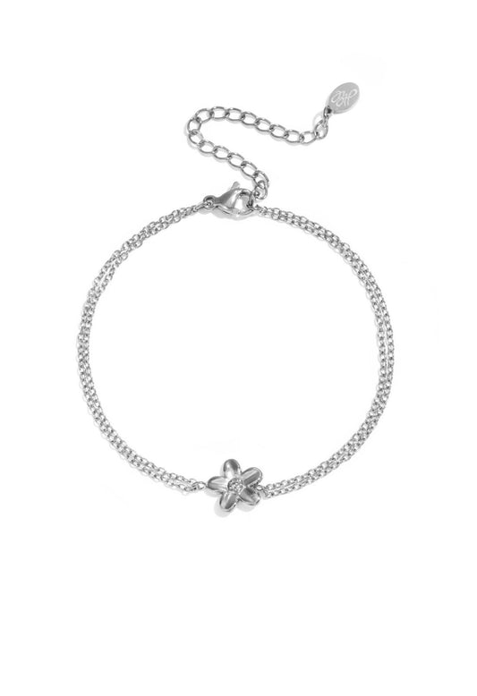 Dubbele ketting armband met bloemetje zilver