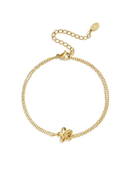Dubbele ketting armband met bloemetje goud