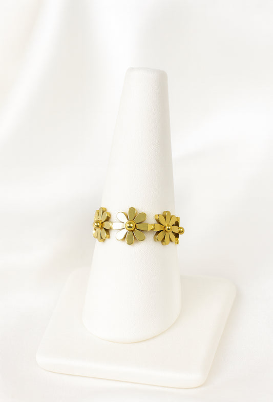 Vintage open ring bloemen met gouden kralen