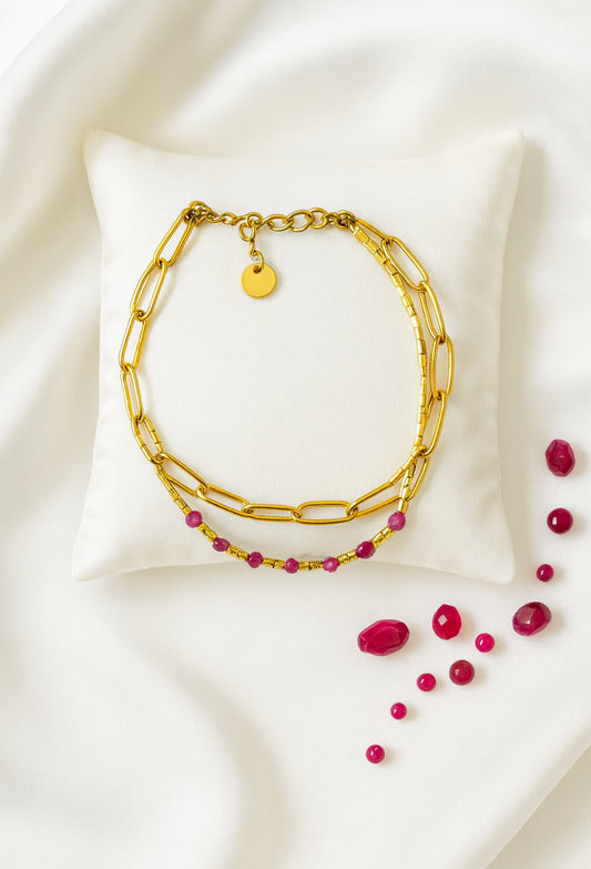 Dubbel armband met roze en gouden kralen